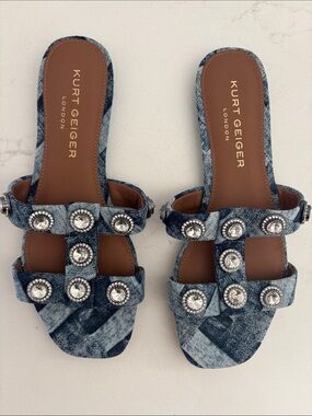 Kurt Geiger Octavia Blue Denim Embellished Slide Sandals